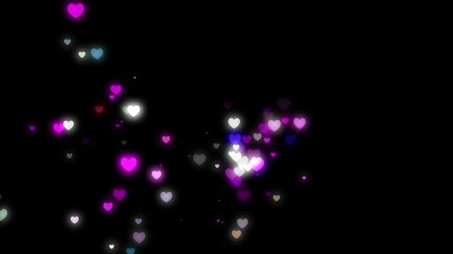 Valentine's day floating heart particles with romantic colorful hearts rising, white glowing love symbols, elegant wedding overlay, sparkling motion graphics, seamless loop animation, 4k