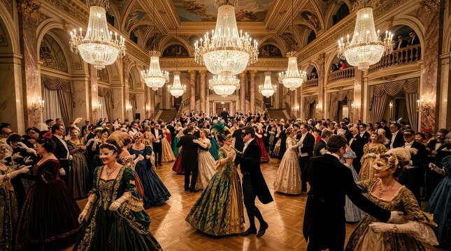 People dancing at a masquerade ball. Guests in vintage costumes at a luxury gala event.