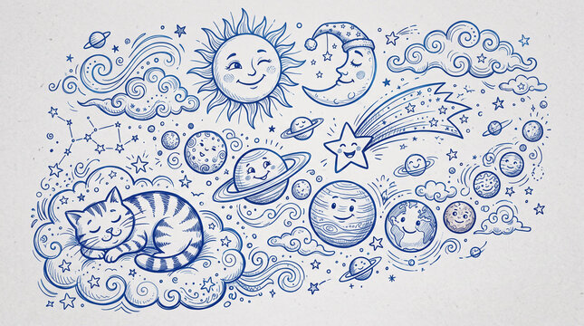 Whimsical blue ink doodle of space with a sleeping cat.
