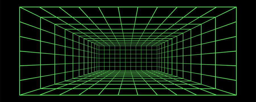 3D dark wireframe tunnel ,the receding perspective of a room, green grid rectangle lines, cyber virtual box depth, neon tech lattice mesh, abstract digital space scene, futuristic vector background