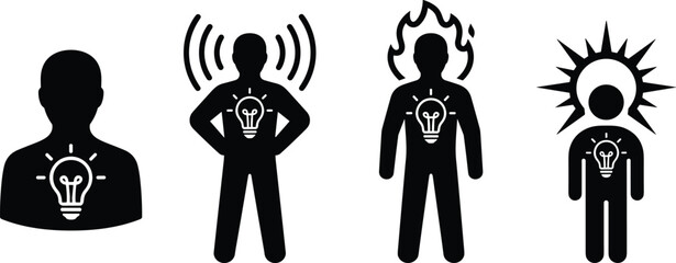 Set of human icons with light bulb in chest representing ideas, inspiration, and creativity © Mahfujahmmed