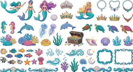 Whimsical oceanic fantasy graphic stickers bundle with mythical mermaids treasure chests tropical fish sea shells coral reefs and cute frames, © MdAbdul