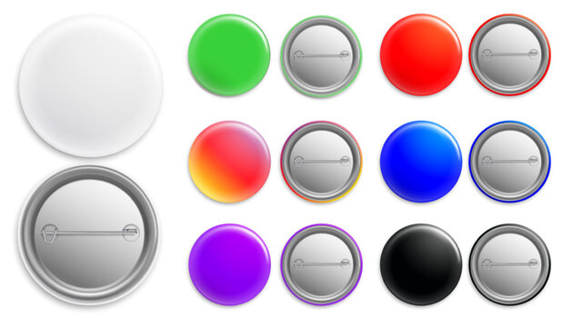 Realistic colored icons. Round bright badges. Plastic button with metal clasp. Glossy circles front or back views. 3D mockup of individual pin tags. Vector blank advertising brooches set