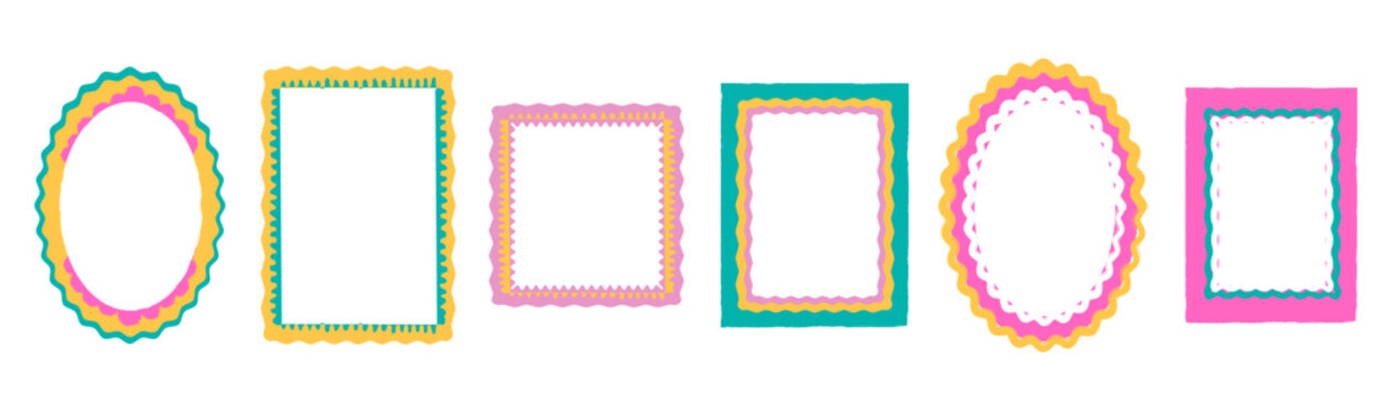 Frame border cute retro curvy squiggly wavy shape for kids. Colorful scalloped groovy frames with psychedelic shapes and fun style. Great for banners and prints.