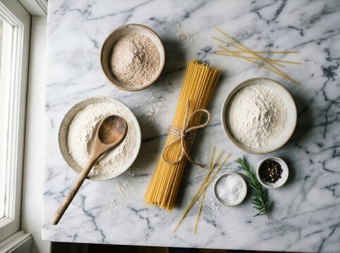 Raw spaghetti pasta with flour and herbs on a marble kitchen table