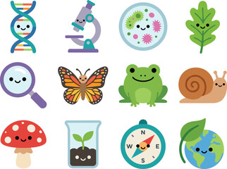 Cute kawaii biology nature icon set with smiling dna microscope petri dish leaf butterfly frog snail mushroom plant compass globe earth magnifying glass ecosystem environment flat cartoon doodle © Abdullah