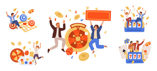 Fototapeta premium Gambling enthusiasts. Fortune favorites. Winners happy with casino winnings. People betting. Roulette jackpot. Slot machines bingo. Lottery games victory. Successful gamblers vector set