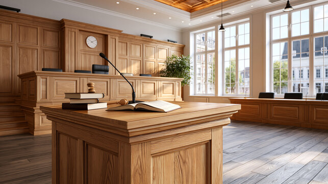 Bright courtroom view of an attorney podium facing the elevated judge's bench with light wood paneling and daylight podium judge bench courtroom interior judiciary justice