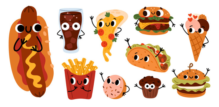 Funny characters from world of fast food. Cute cartoon illustration featuring pizza and burger with smiling faces. Tacos and hamburgers. Sweet donut. French fries. Fastfood vector set