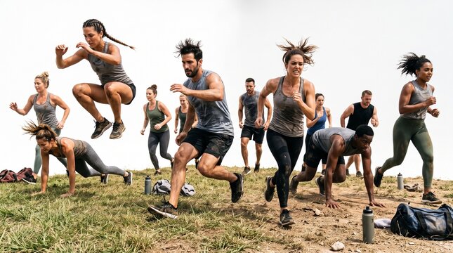 Diverse group of athletes engaged in intense outdoor fitness training and obstacle course challenges