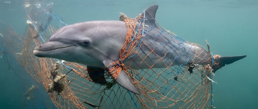 Dolphin trapped in fishing net underwater marine life danger