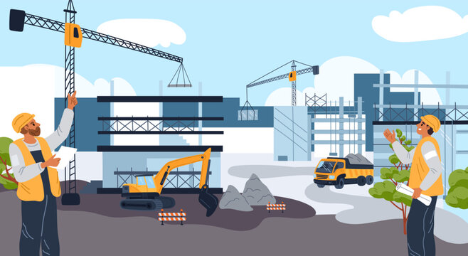 Construction site operations. Concrete mixer and crane. Truck carrying building materials. Slabs and frames being clad. Housing development. Workers manage build process. Vector concept