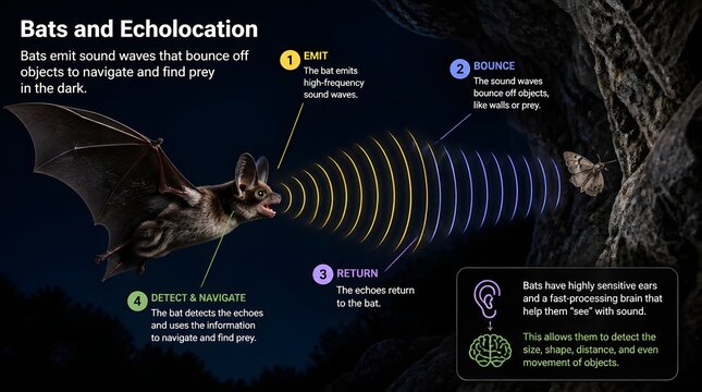 Bat echolocation explaining navigation and prey detection in the dark