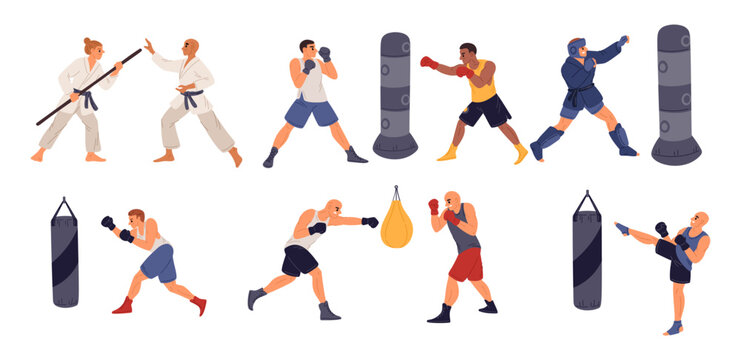 Combat sports. Professional athletes in uniform participating in sparring sessions and karate classes. Boxers matches. Kickboxers tournament. Men hit boxing bag. Boxing attacks vector set