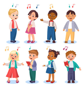 Children singing songs. Cute kids singers. Little funny choir members and vocalists. Boys and girls with music sheets. Musical performance. Talent show. Vector standing young choristers set