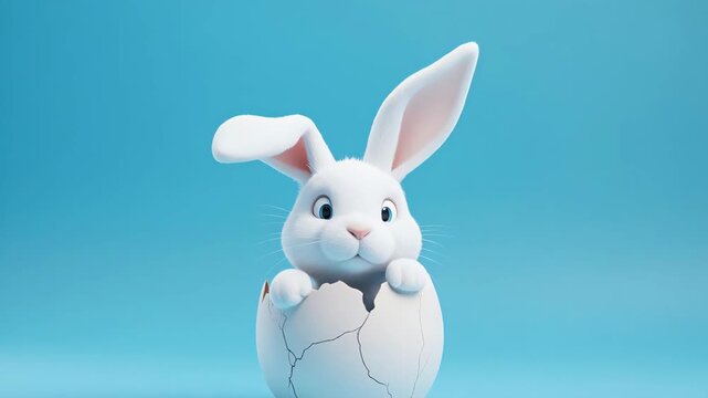 Cute Easter Bunny emerging from egg with gentle head tilt against soft blue background