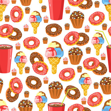 Sweets seamless pattern. Tasty doughnuts and cakes. Ice cream in waffle cone. Repeated print. Carbonated drinks. cupcakes with chocolate glaze and icing. Unhealthy food. Vector background