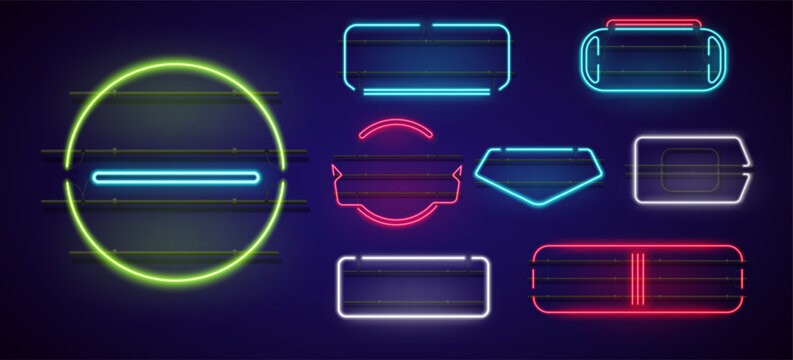 Realistic empty neon frames. Illuminated borders on dark background. Luminous billboards. Mounting structures. Glowing signboards. Illuminated elements vector set of advertising signs