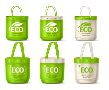 Realistic eco friendly shopping bags. Green handbags made from recyclable natural materials. Beige cotton fabric with print. Shopper packets. Environmentally conscious sacks vector set