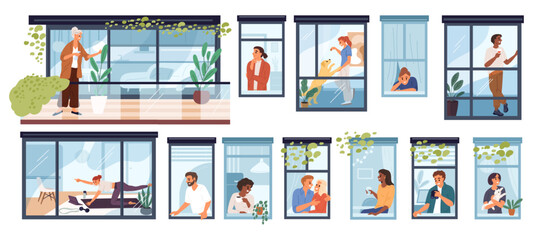 Obraz premium People at open windows. Neighbors in apartments going about business. View through glass. Building terraces. Woman sitting at windowsill. Man caring of plants. Housemates vector set