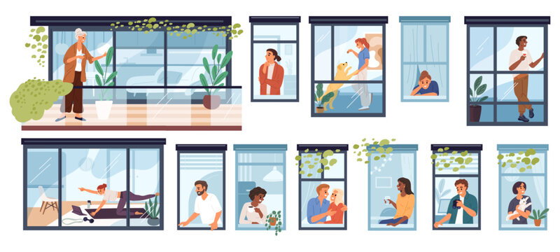People at open windows. Neighbors in apartments going about business. View through glass. Building terraces. Woman sitting at windowsill. Man caring of plants. Housemates vector set