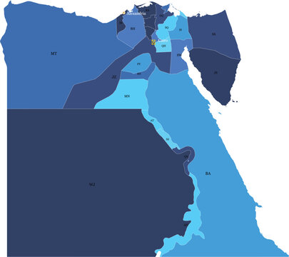 Egypt administrative map with governorates, blue vector map of Egypt with regional borders, flat infographic geography illustration for business data