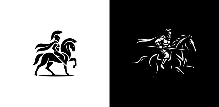Spartan warrior riding a horse logo in black and white silhouette