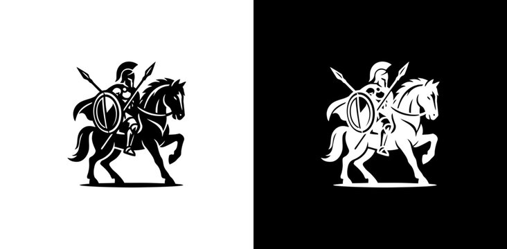 Spartan warrior riding horse black and white silhouette icon symbol