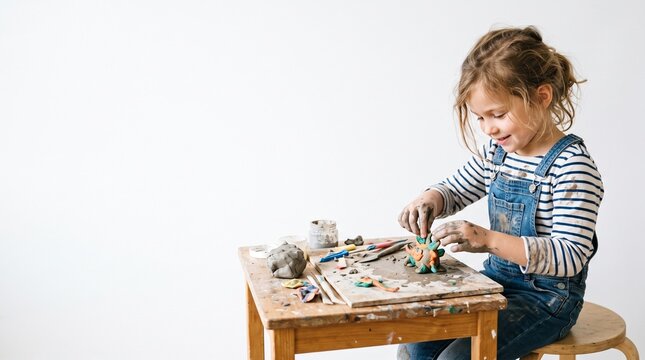 Young girl happily sculpting with colorful clay at a wooden table, hands covered in clay