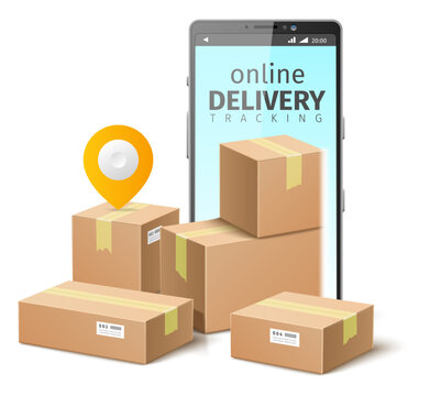 Parcel tracking app. Realistic smartphone with cardboard mailing containers. Mobile application. Interactive cargo delivery. GPS navigation location pin. Vector box shipping service
