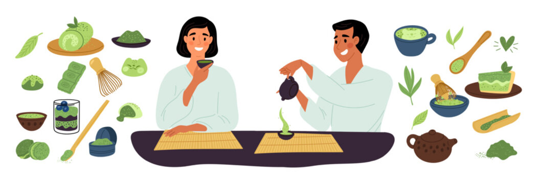 Matcha tea ceremony. Couple drink Asian beverage. Green powdered ingredient for desserts. Organic Japanese products. Bamboo whisk for whipping. Cake and macaroon. Vector elements set