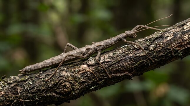 Camouflaged stick insect on a wooden branch, brown walking stick bug in natural forest habitat, macro photography of phasmatodea in the wild