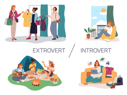 Introverts and extroverts. Psychological personality types. People with introversion and extroversion. Inward or outward orientation. Unsociable girl. Friends leisure. Vector concept