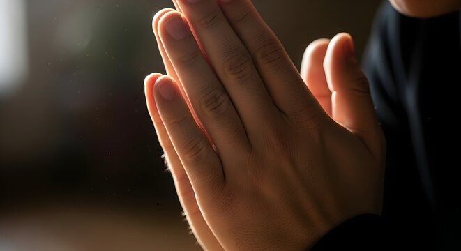 Close up of human hands held together in prayer with soft warm light and dust particles