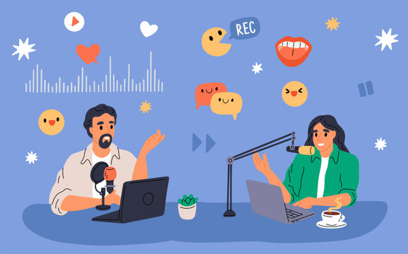 Interview with radio host. Podcast recording process. Audio content. Live streaming service. Online conversation broadcast. Blogger and guest talk in studio. Speech emoticon. Vector concept