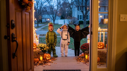 Obraz premium Three kids dressed as a dinosaur astronaut and bat standing on a decorated front porch for Halloween