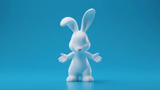 Cute white bunny character in various joyful poses against a clean blue background with subtle lighting