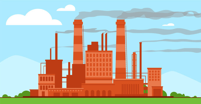 Industrial facility. Factory building with smokestacks. Manufactory complex. Chemical processing. Air pollution and CO2 emission. Electricity generation. Vector manufacturing construction