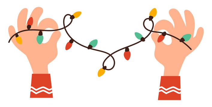 Hands holding garland of multicolored lights. Decoration for celebrating Christmas and New Years Eve. Xmas lamps at fingers. Color holiday lightbulbs on arm palms. Festive vector decor