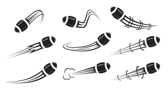 Flying balls for American football or rugby with airflow marks. Flight stream curve trail. Air flow and puff cloud. Athletic match. Speed motion jet trace. Black silhouettes vector set