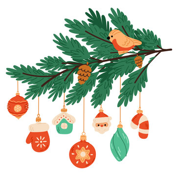Christmas tree branch with vintage Xmas pine decorations. Fir sprigs and festive traditional accessories. Gifts and toys. Evergreen plants. New Year garland. Vector botanical element