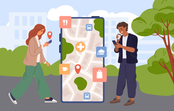 Cartoon characters use smartphone features. Man and woman use mobile navigator. Boy and girl look at map in app. GPS navigation phone application. Device big screen. Vector concept