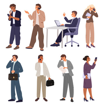 Businesspeople use gadgets. Office workers in formal suits carry phones and laptops. Mobile communication. Modern technology. Employees work with digital devices. Business people vector set