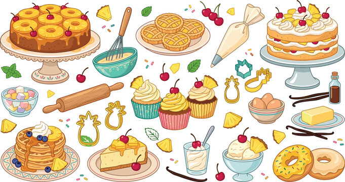 Cute cartoon baker fox vector sticker sheet featuring sweet desserts pastries cakes donuts macarons waffles and baking utensils