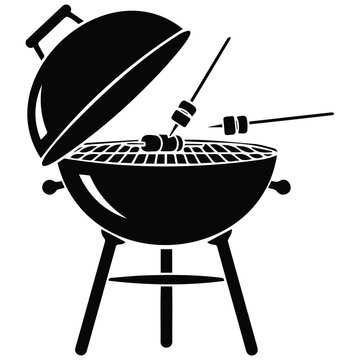 Barbecue grill vector silhouette illustration with lid open and marshmallows on sticks line art.