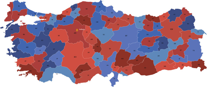 Turkey administrative map with city borders, colorful Turkish regional infographic vector, political map of Turkey for data visualization and news