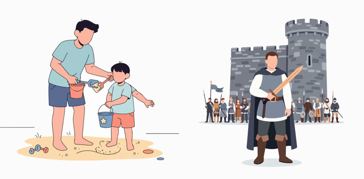 Medieval knight teaching modern child swordplay and treasure hunting