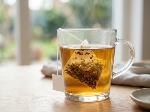 Clear glass mug with hot herbal tea and a tea bag inside standing on a wooden table in a bright cozy home kitchen