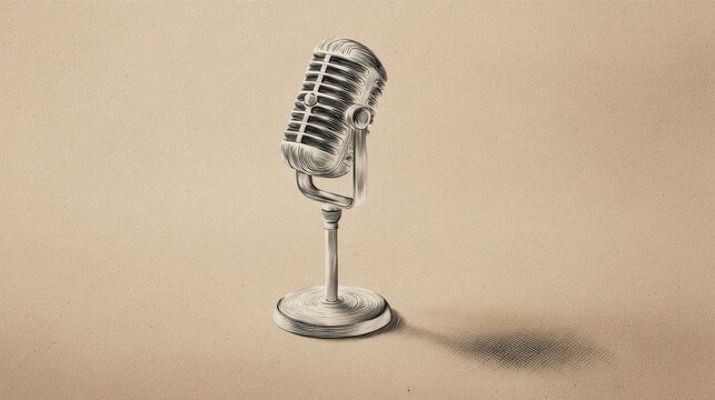 Vintage microphone on stand with shadow for audio recording and broadcasting