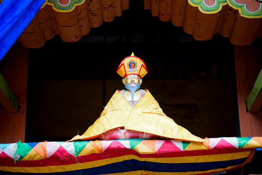 Bhutan in the village of Bumthang, rare religious relic shown on the yearly festival in the monastery of Jakar.